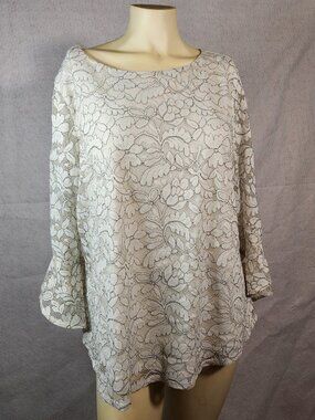 Elle Blouse Womens XL Ivory Lace Floral Bell Sleeve Boat Neck w Undershirt EUC